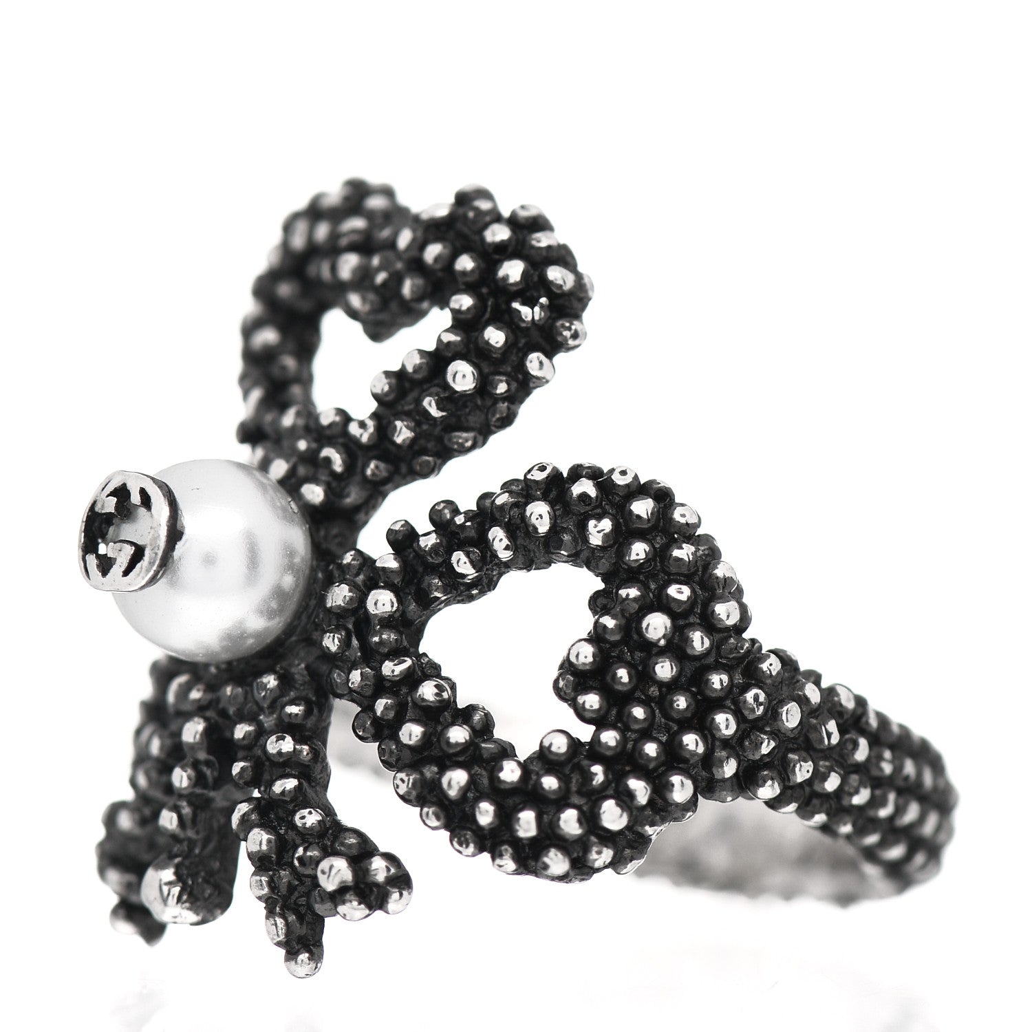Gucci Sterling Silver Glass Pearl Heart Ribbon Ring 51 5.75 3 of 5