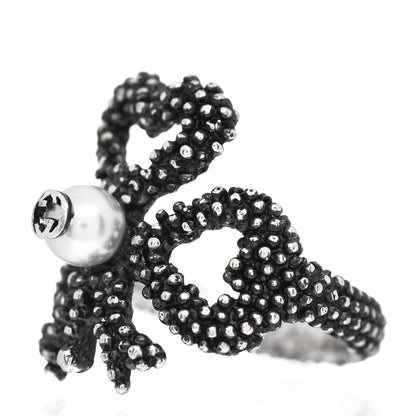 Gucci Sterling Silver Glass Pearl Heart Ribbon Ring 51 5.75 3 of 5