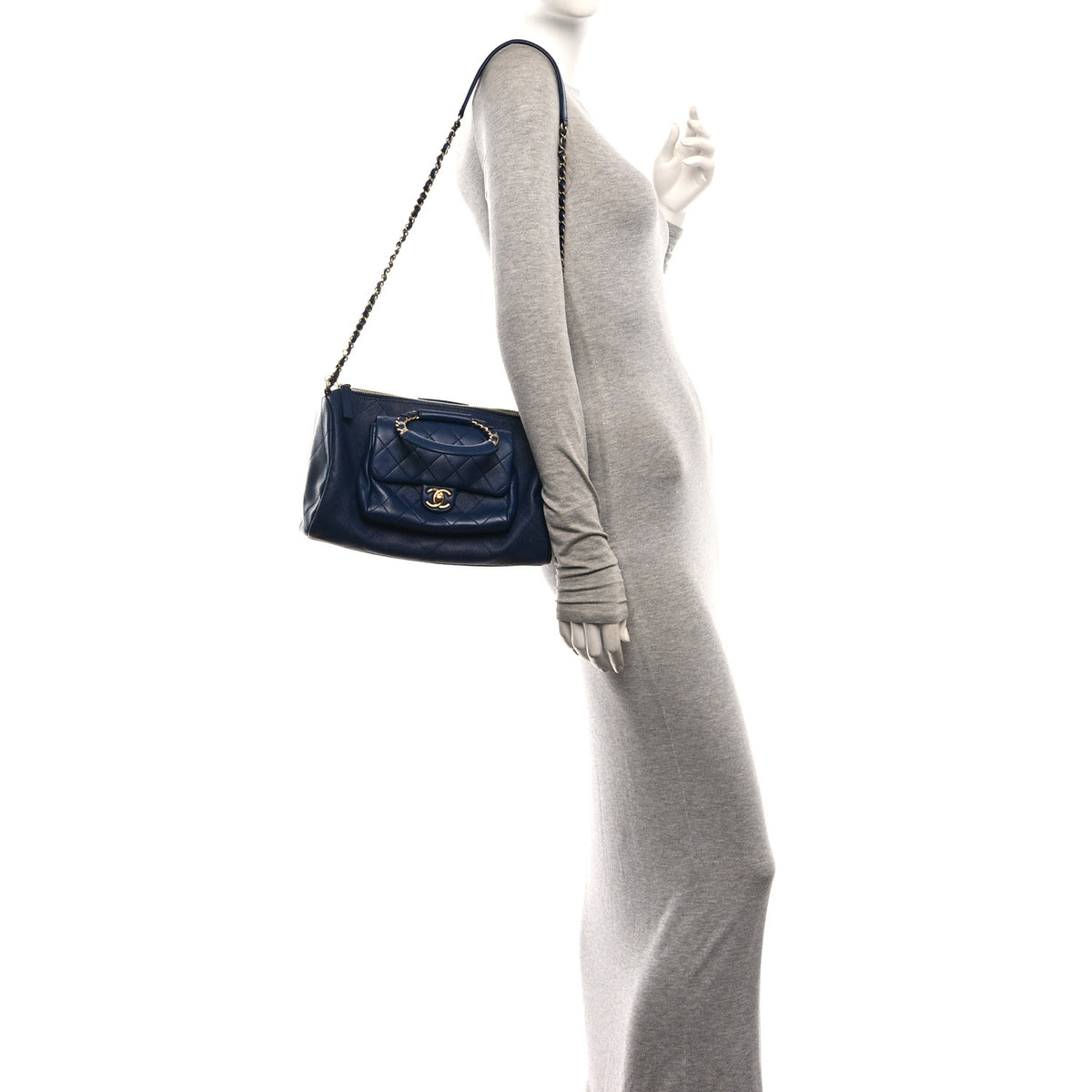 Grained Calfskin Lambskin Quilted Large Bowling Bag Blue
