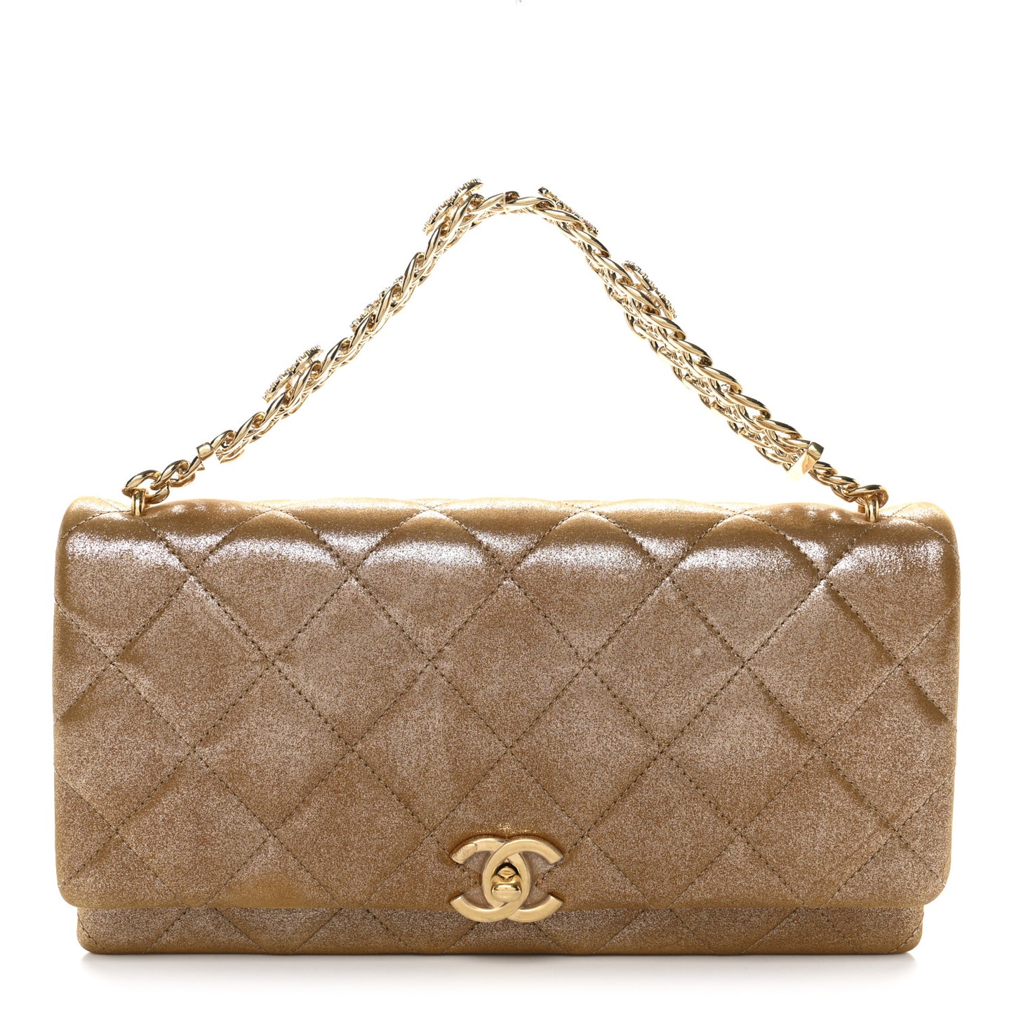 Iridescent Calfskin Quilted Crystal Chain Flap Clutch  Gold