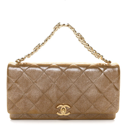 Chanel Iridescent Calfskin Quilted Crystal Chain Flap Clutch  Gold 1 of 10