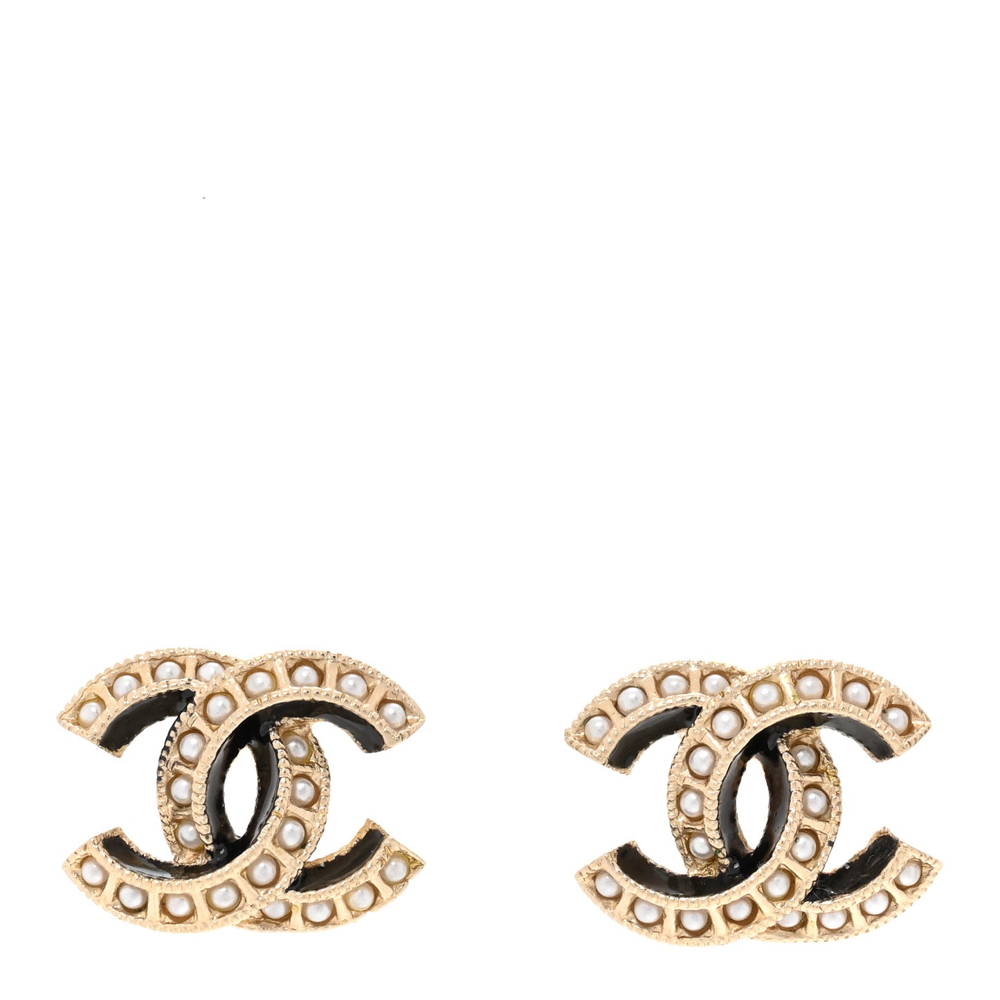 Metal Pearl Enamel CC Earrings Gold Black
