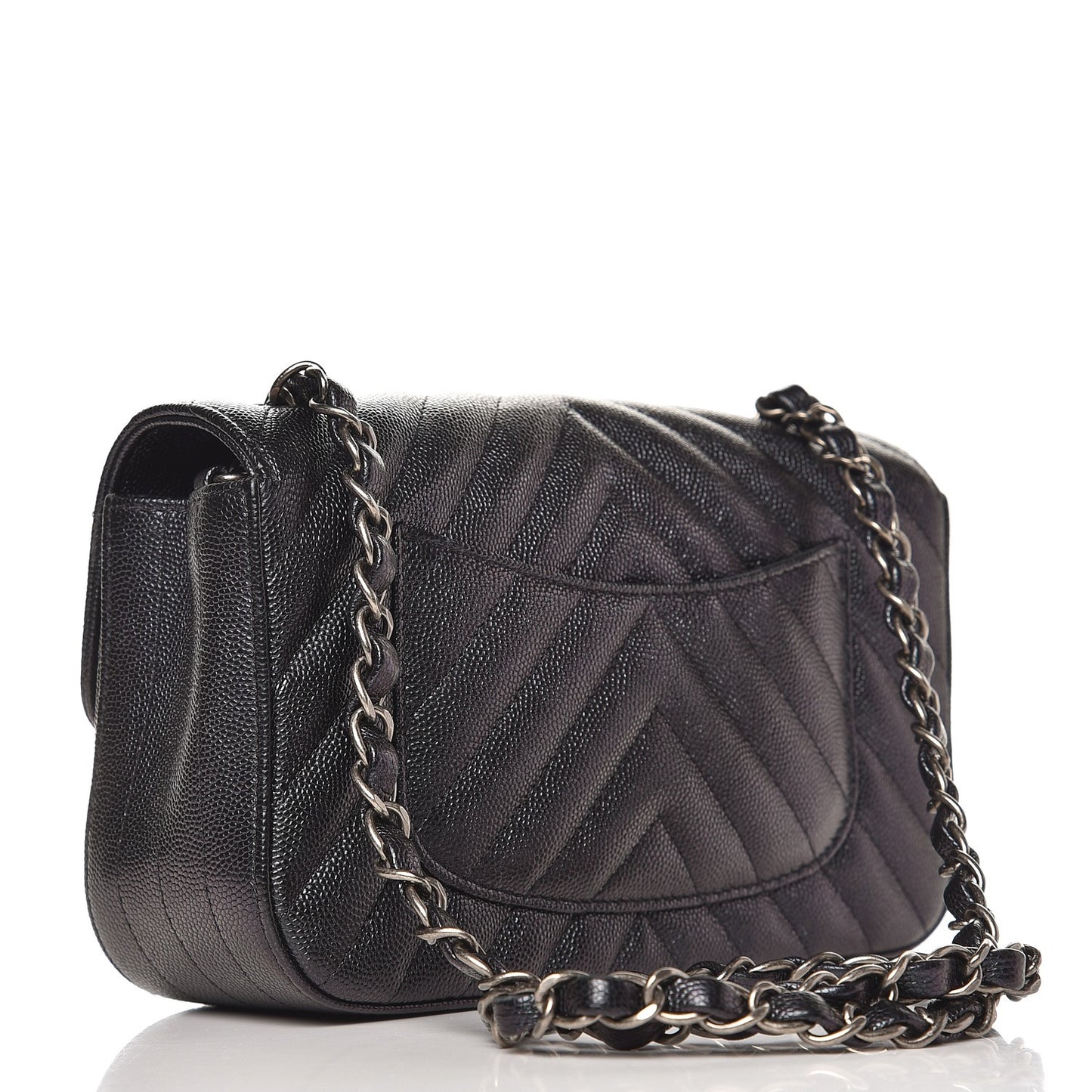 Iridescent Caviar Chevron Quilted Mini Rectangular Flap Black