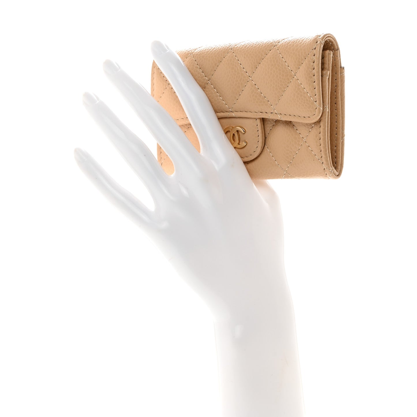 Caviar Quilted Flap Card Holder Wallet Beige