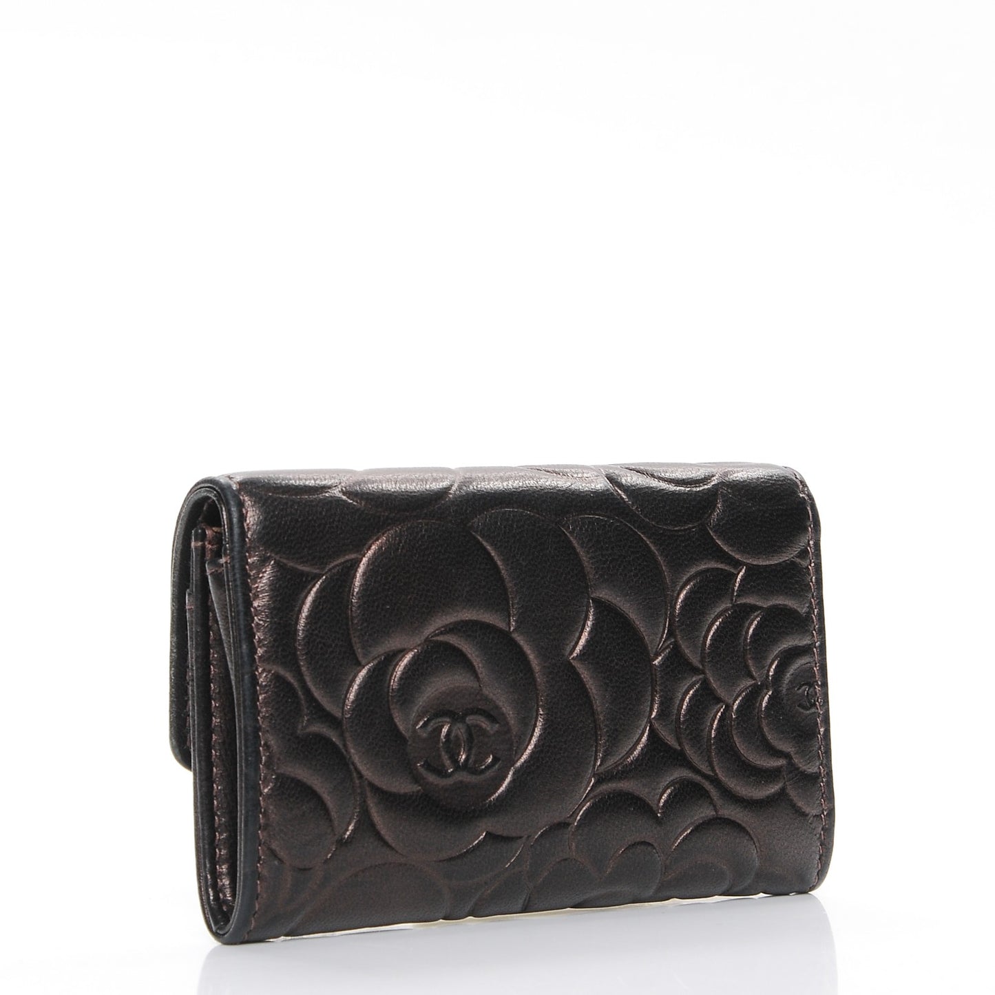 Metallic Lambskin Camellia Embossed Card Holder Brown
