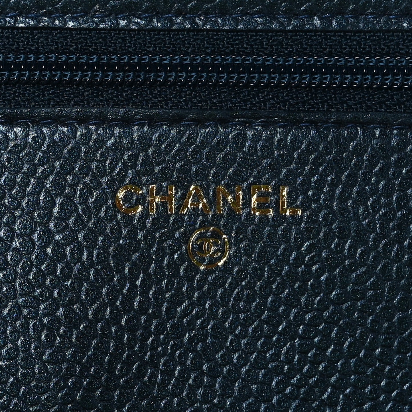 Iridescent Caviar Quilted Wallet on Chain WOC Blue