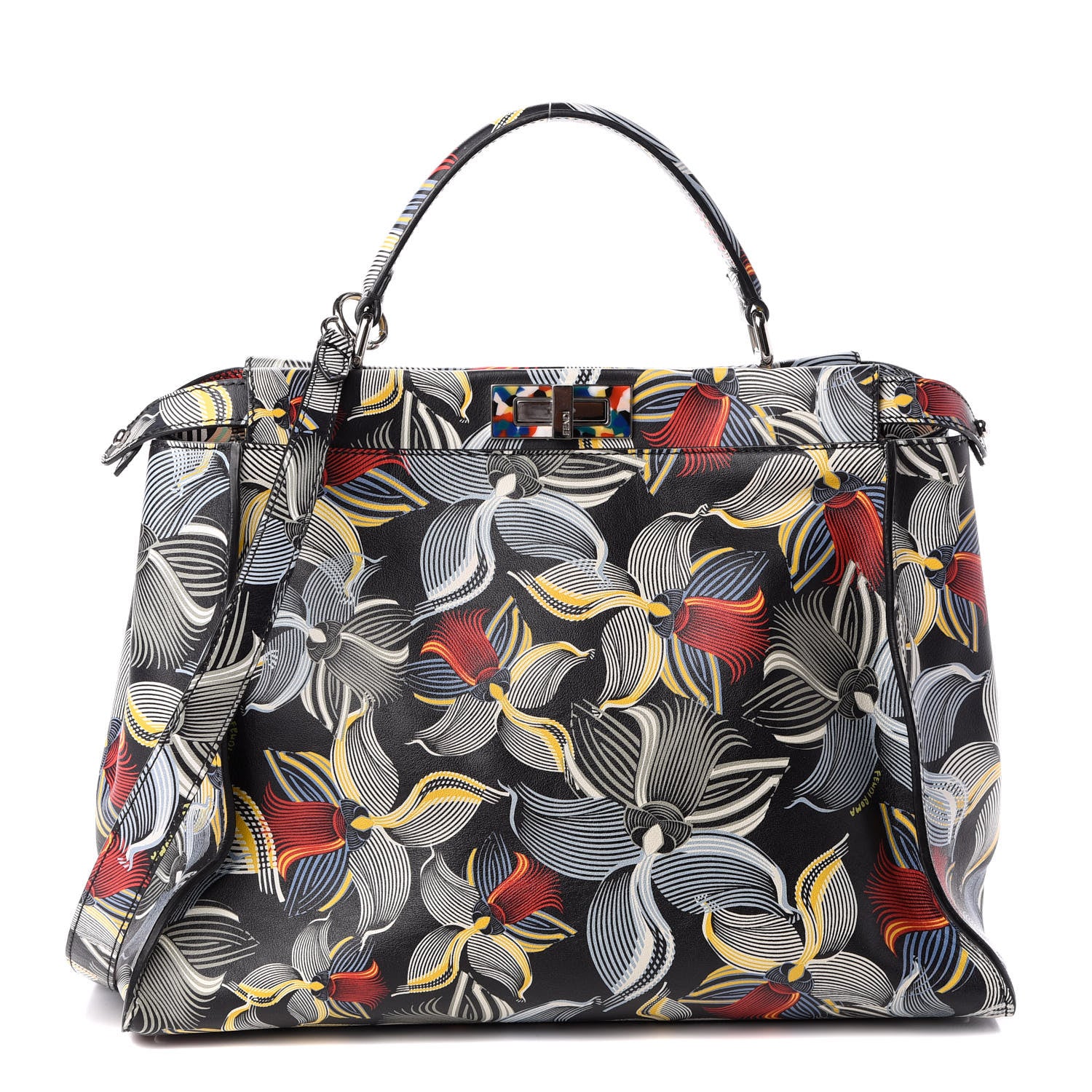 Fendi Calfskin Orchid Large Peekaboo Iconic Satchel Black Multicolor 1 of 10