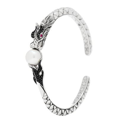 John Hardy Sterling Silver Black Sapphire Ruby Pearl Naga Dragon Head Bracelet 1 of 5