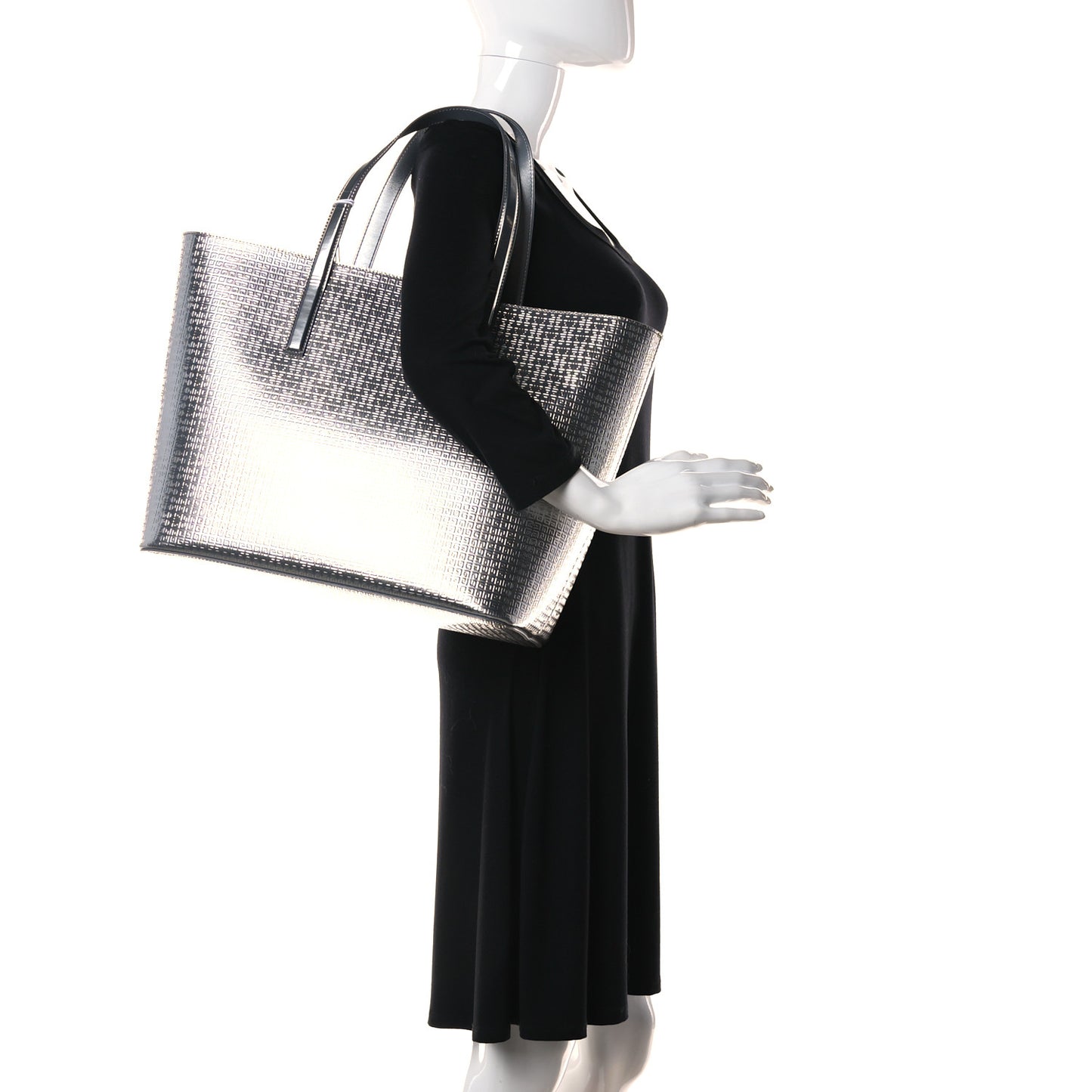 Metallic Calfskin Logo Embossed Wing Shopper Tote Silver