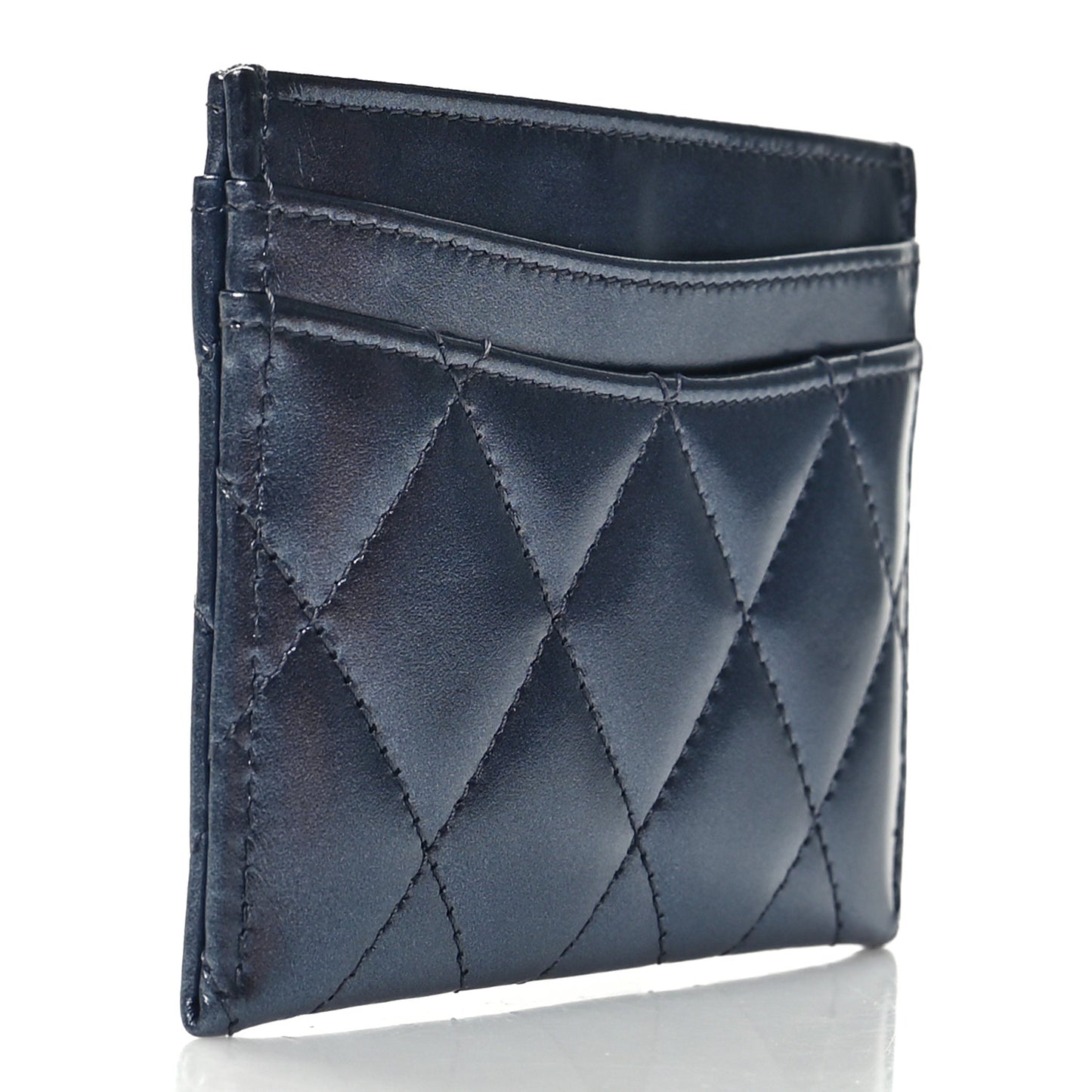 Metallic Lambskin Quilted Card Holder Dark Blue