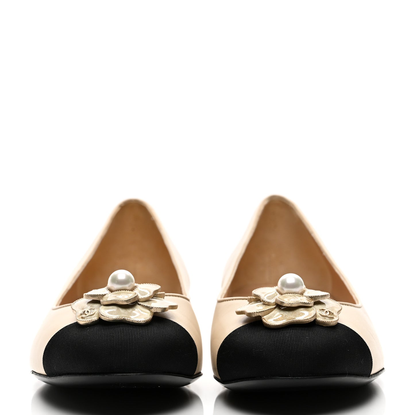 Calfskin Grosgrain Pearl Camellia Ballerina Flats 39 Beige Black