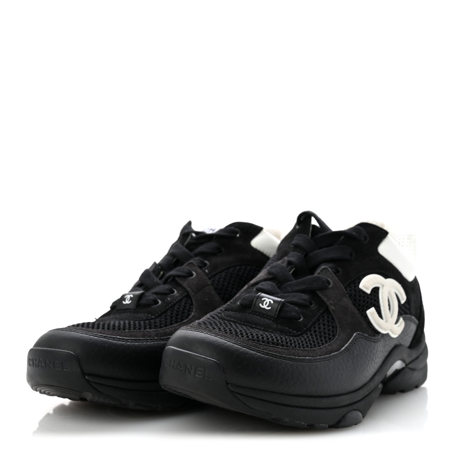 Chanel Mesh Suede Grained Calfskin Womens CC Sneakers 38 Black White 4 of 8