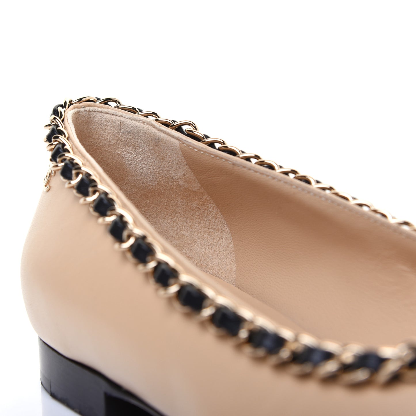 Lambskin Grosgrain Chain Cap Toe Flats 36 Beige Black