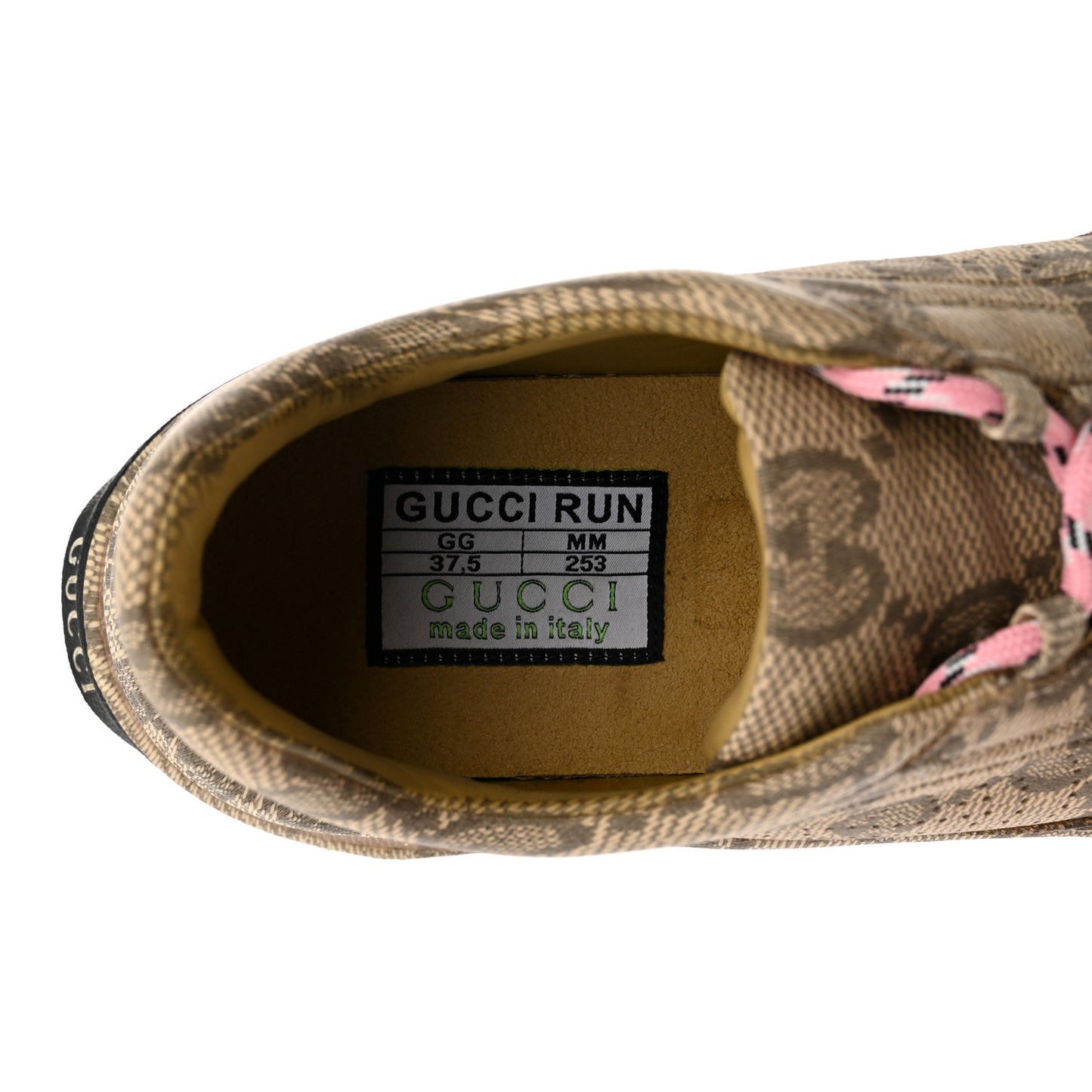 Ultralight Plume Calfskin Monogram Printed Womens Gucci Run Sneakers 37.5 Beige Ebony