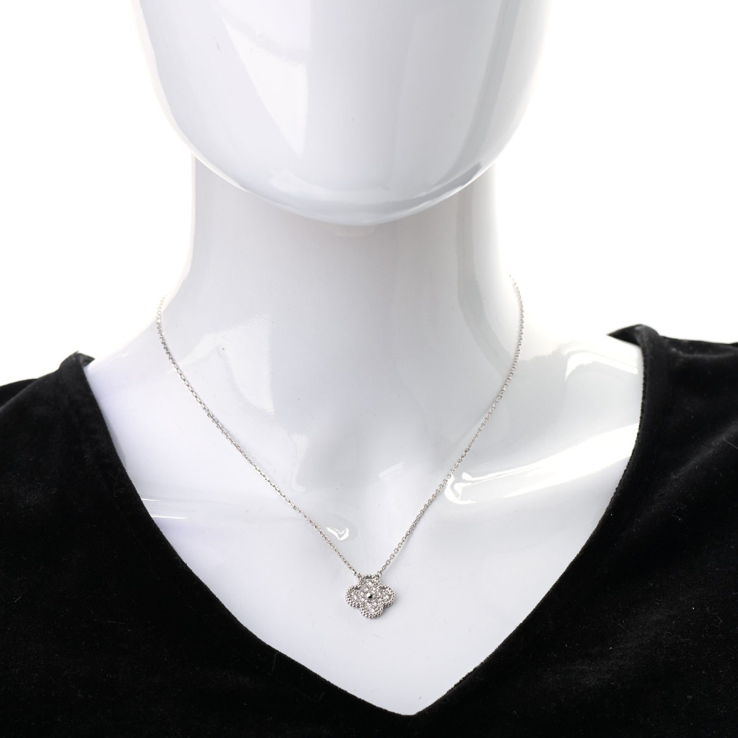 18K White Gold Diamond Vintage Alhambra Pendant Necklace