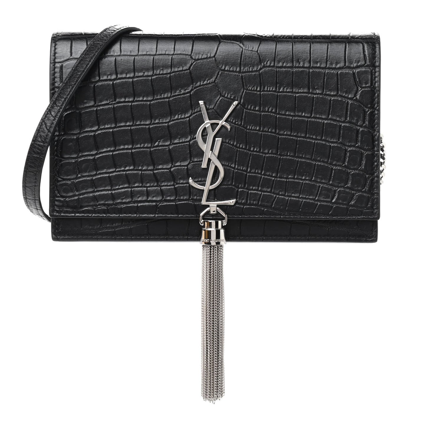 Calfskin Crocodile Embossed Kate Monogram Tassel Chain Wallet Black