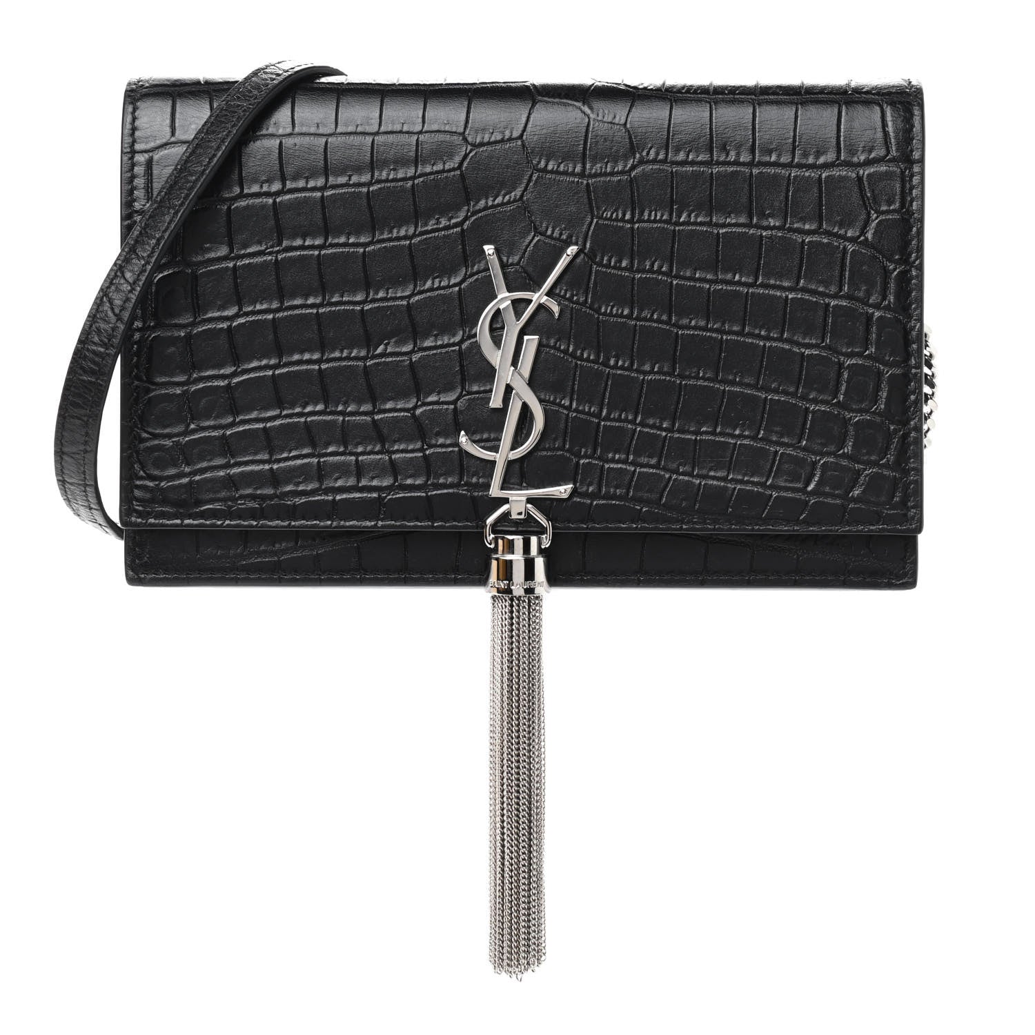 Saint Laurent Calfskin Crocodile Embossed Kate Monogram Tassel Chain Wallet Black 1 of 8