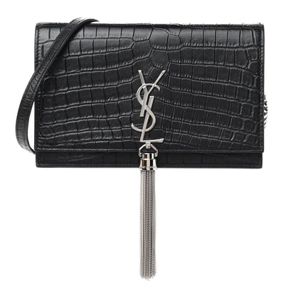 Saint Laurent Calfskin Crocodile Embossed Kate Monogram Tassel Chain Wallet Black 1 of 8