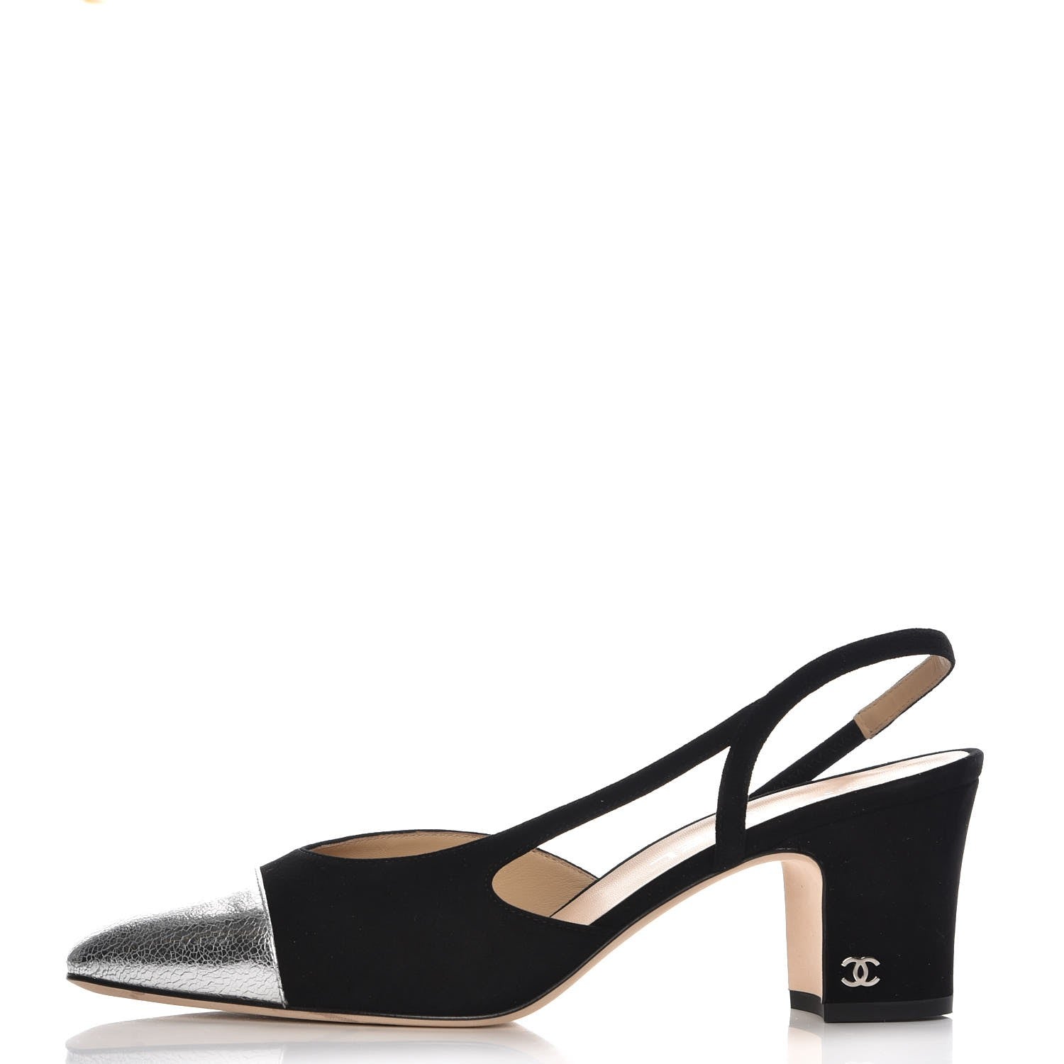 Chanel Kid Suede Metallic Lambskin Cap Toe CC Slingback Pumps 39.5 Black Silver 1 of 9