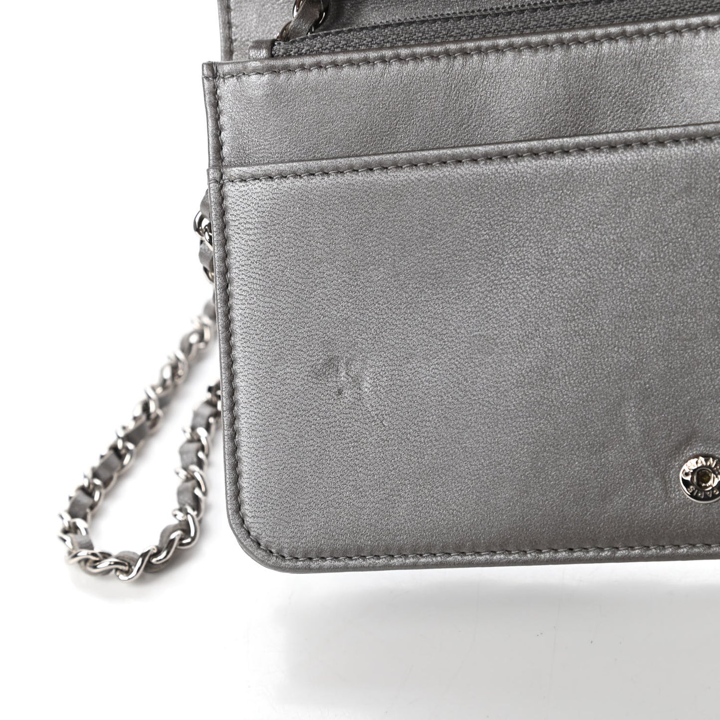 Metallic Lambskin Quilted Data Center Wallet On Chain WOC Silver