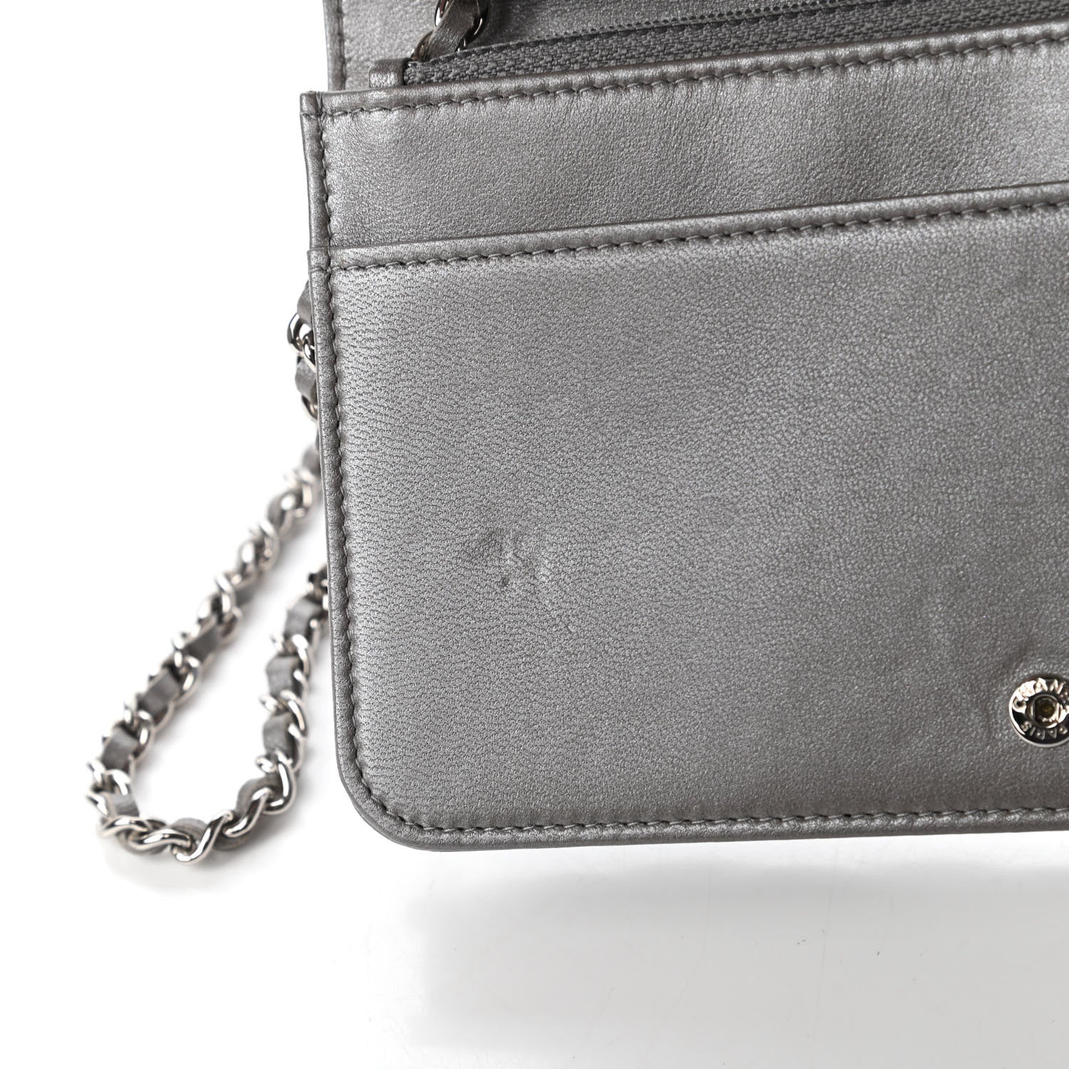 Chanel Metallic Lambskin Quilted Data Center Wallet On Chain WOC Silver 12 of 13