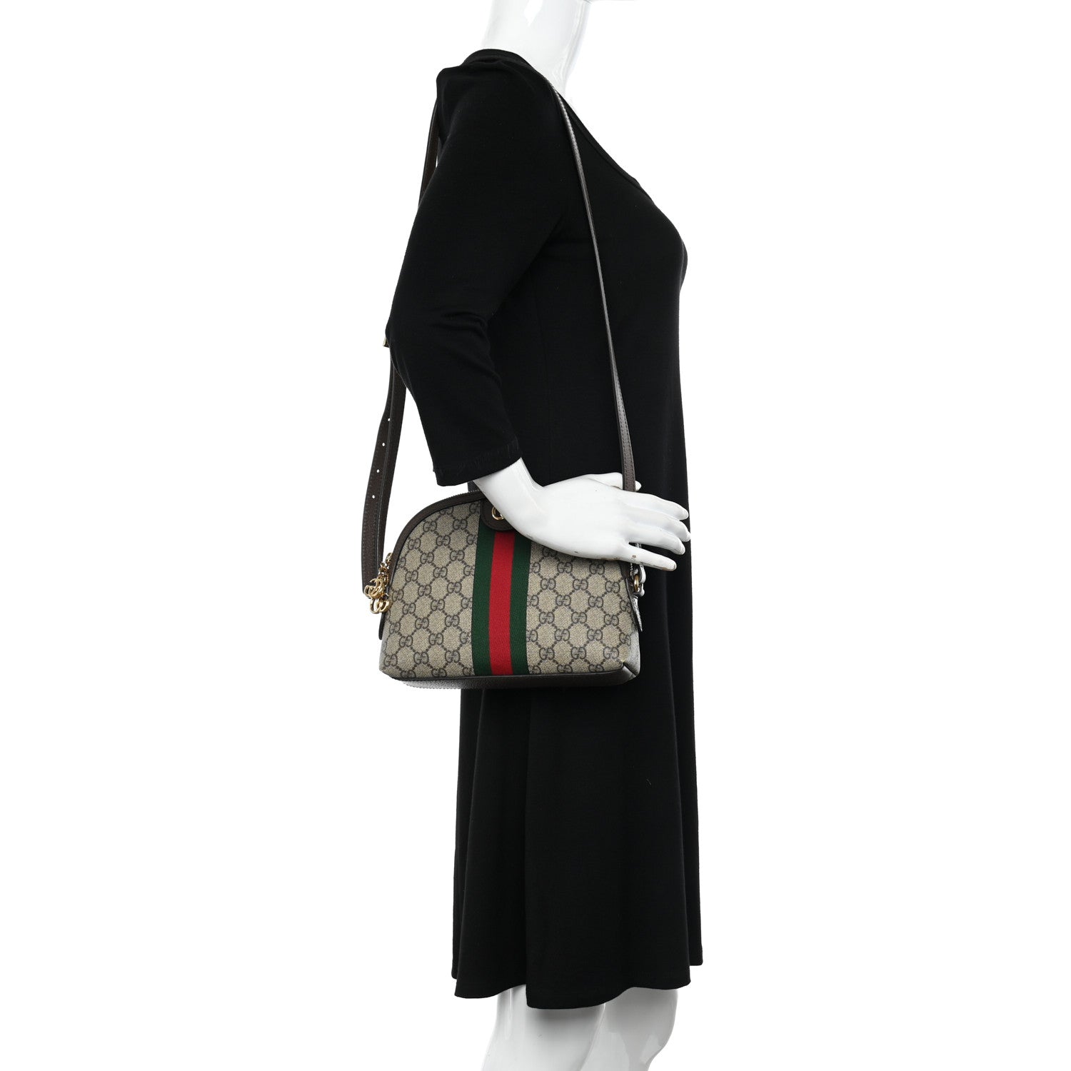 Gucci GG Supreme Monogram Textured Dollar Calfskin Web Small Ophidia Dome Shoulder Bag Beige Ebony New Acero 2 of 9
