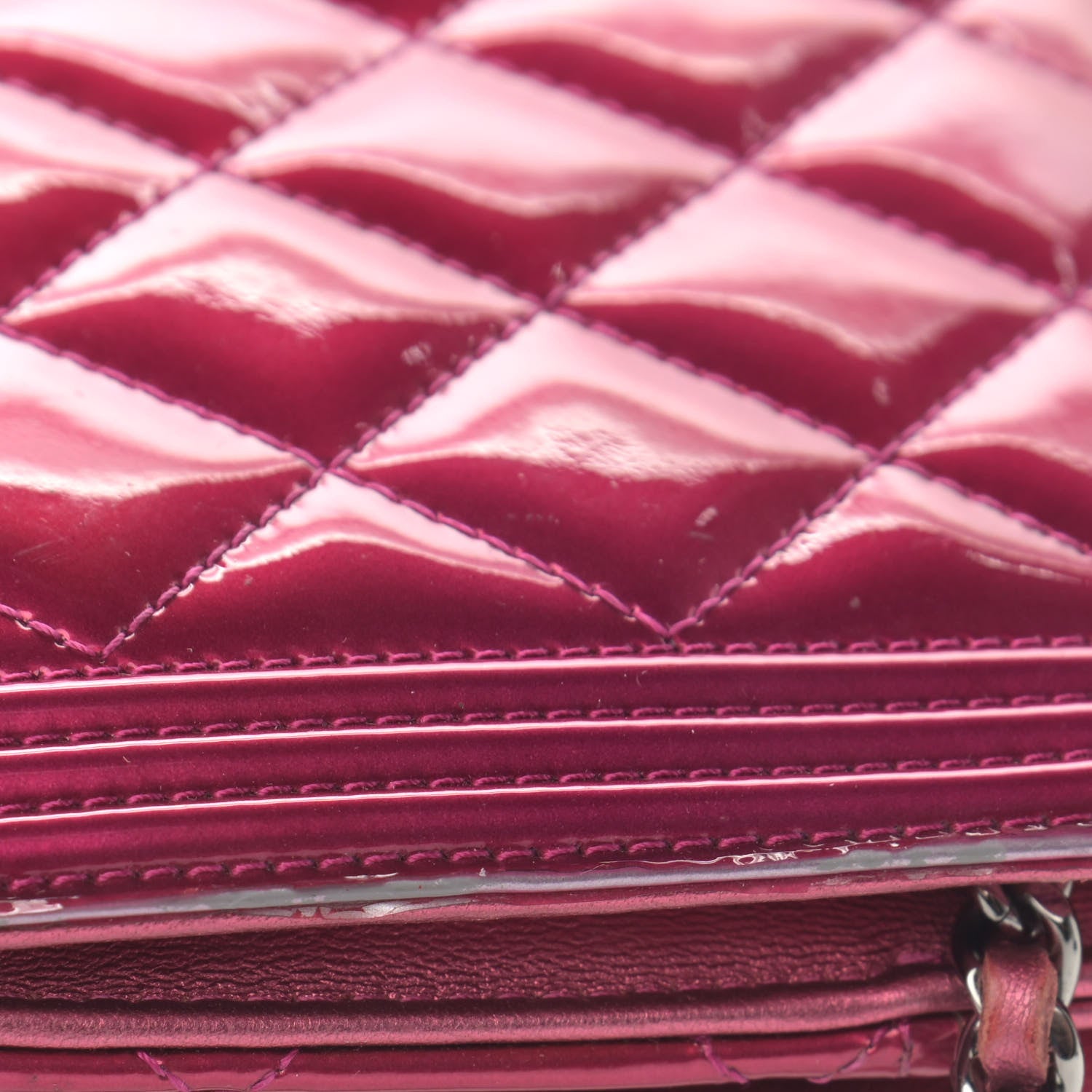 Chanel Metallic Patent Calfskin Quilted Boy Wallet On Chain WOC Fuchsia 17 of 20