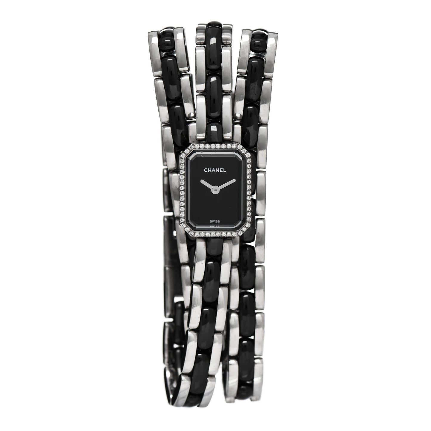Stainless Steel Ceramic Diamond Bezel 16mm Premiere Triple Row Quartz Watch Black