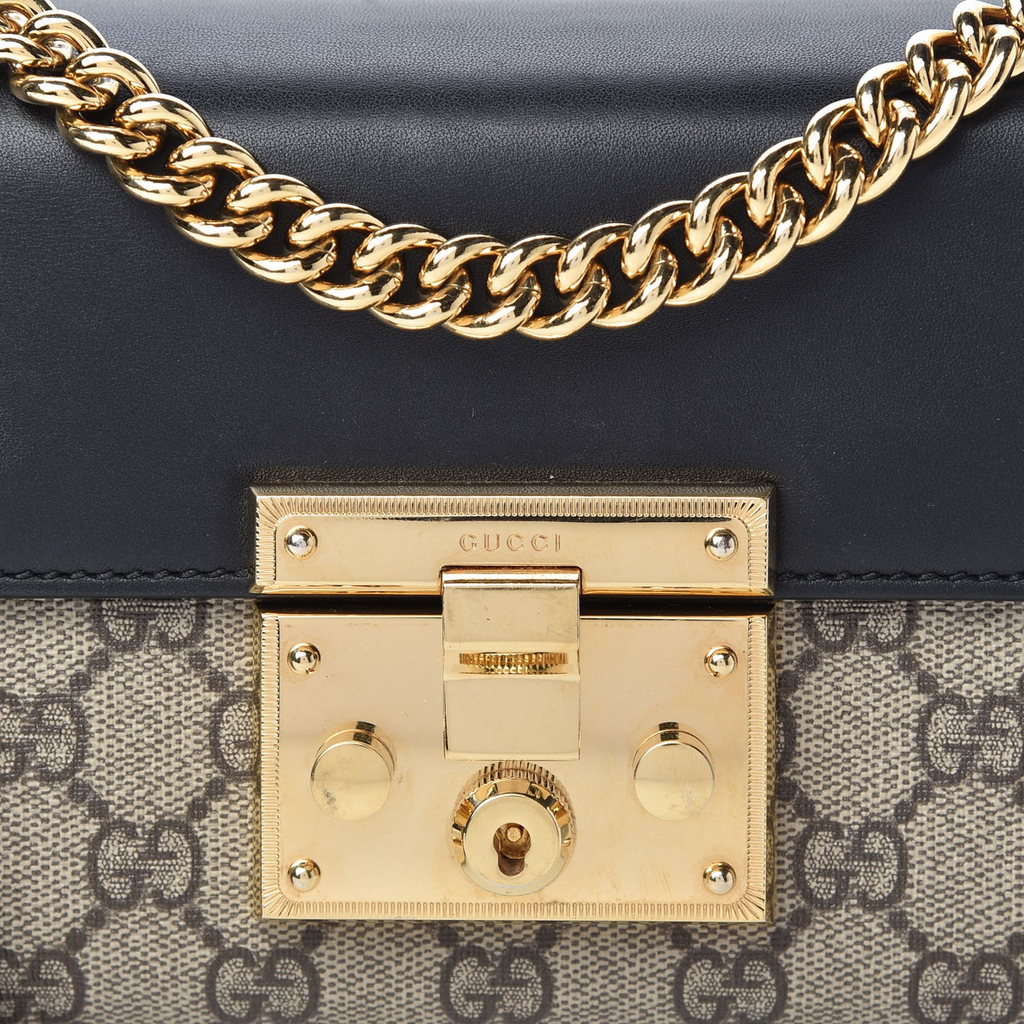 GG Supreme Monogram Calfskin Small Padlock Shoulder Bag Beige Black Cuir