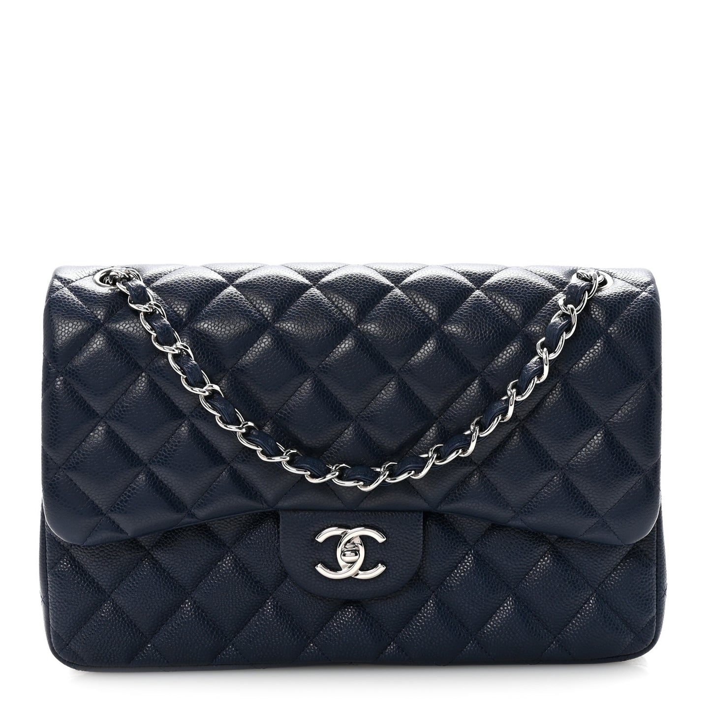 Caviar Quilted Jumbo Double Flap Navy Blue