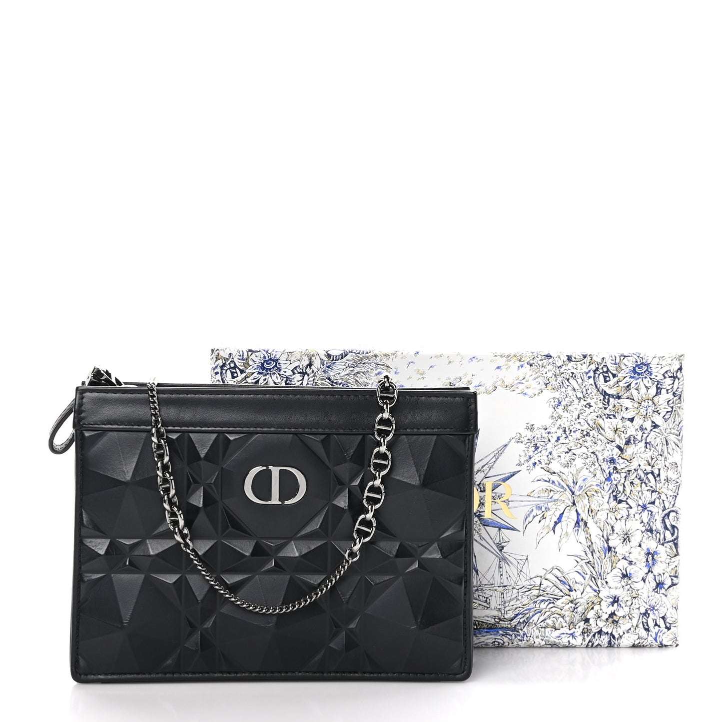 Calfskin Macrocannage Diamond Caro Zipped Pouch With Chain Black