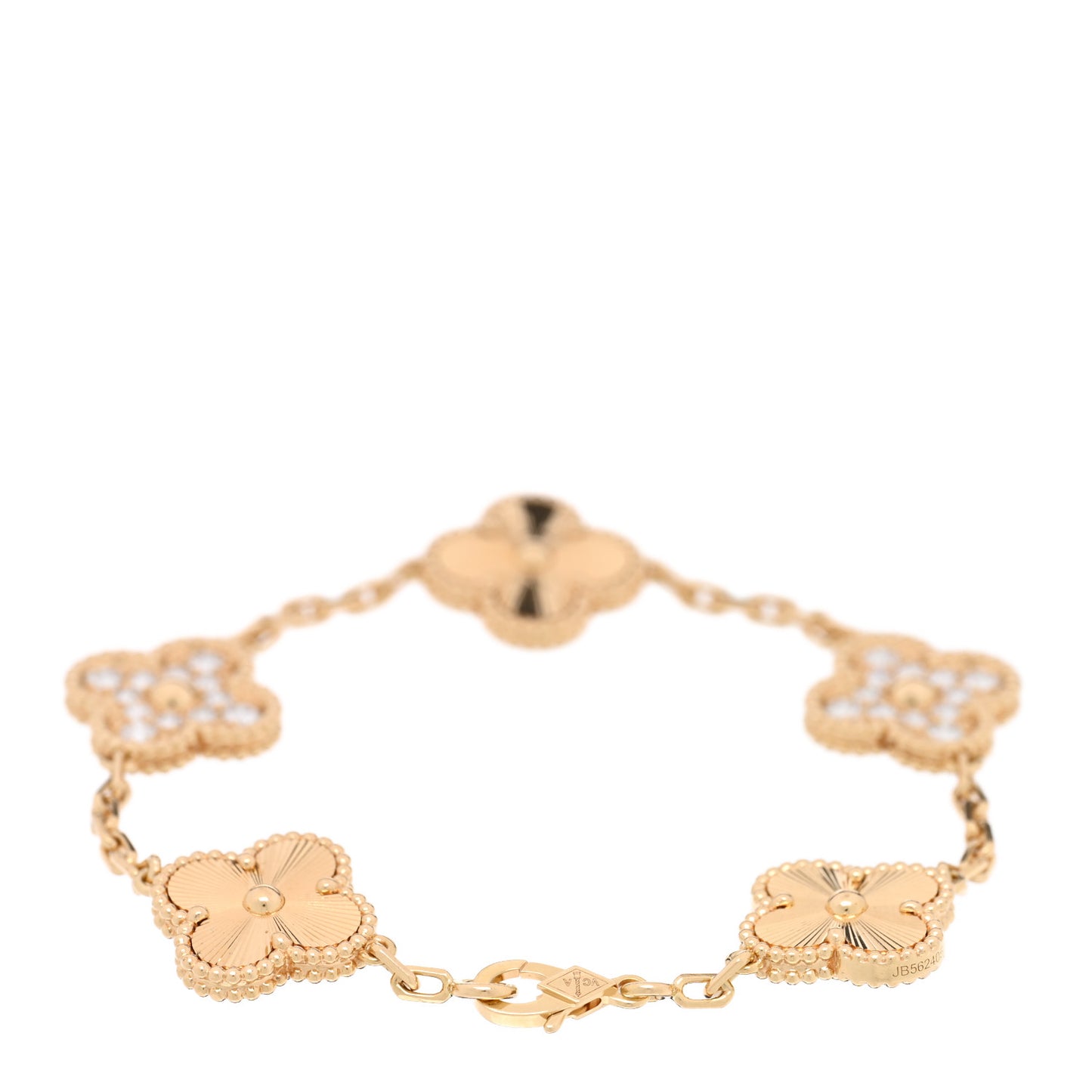18K Yellow Gold Diamond 5 Motifs Guilloche Vintage Alhambra Bracelet