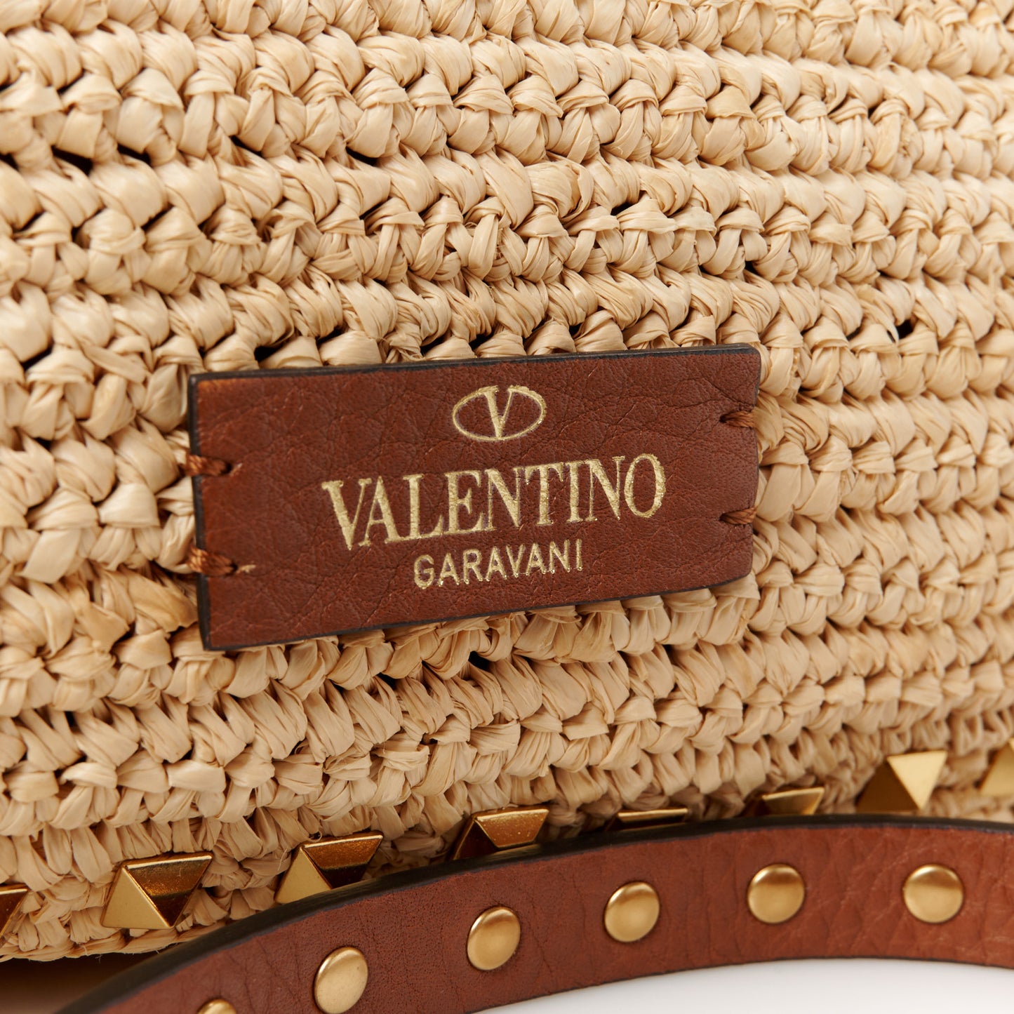 Raffia Calfskin Small Rockstud Tote Naturale Saddle Brown