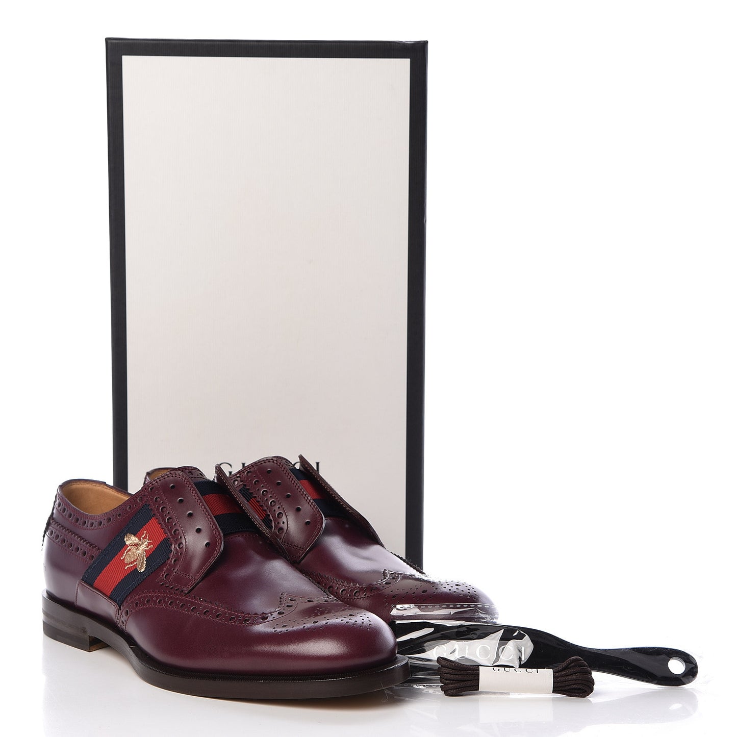 Calfskin Web Bee Embroidered Mens Slip-On Brogue Wingtip Derby Shoes 7.5 Bordeaux