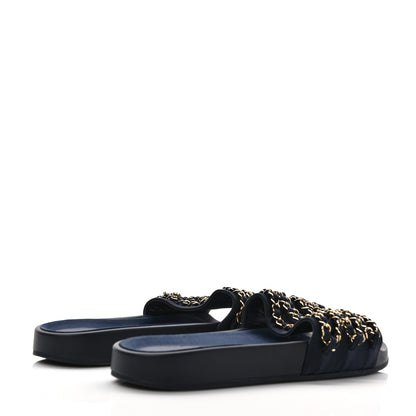 Chanel Satin Canvas Chain Slides Sandals Flats 41 Marine 4 of 8