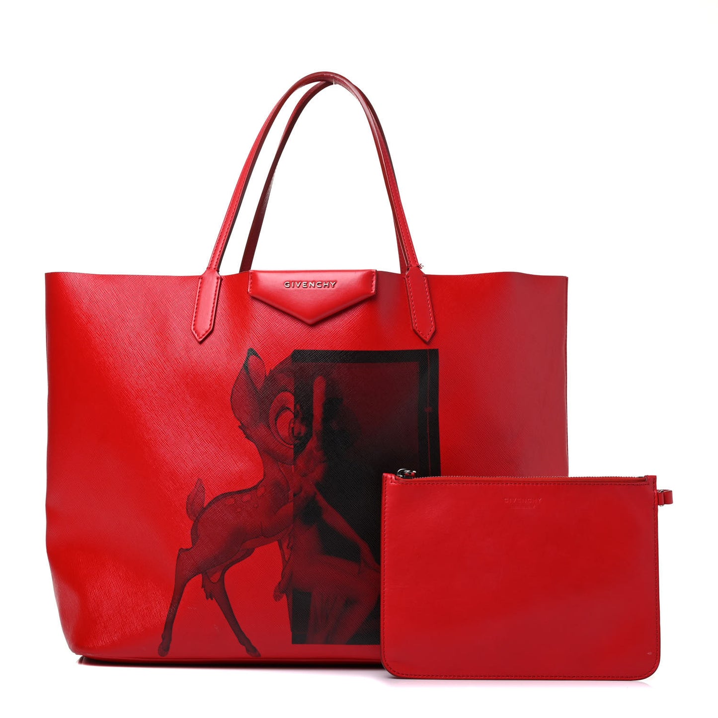 Textured Coated Canvas Bambi Print Large Antigona Tote Red