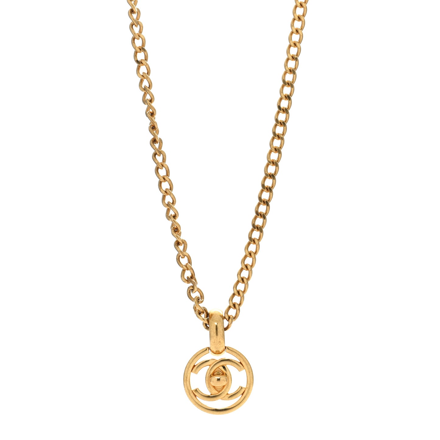 Chain Link CC Turn Lock Medallion Pendant Necklace Gold