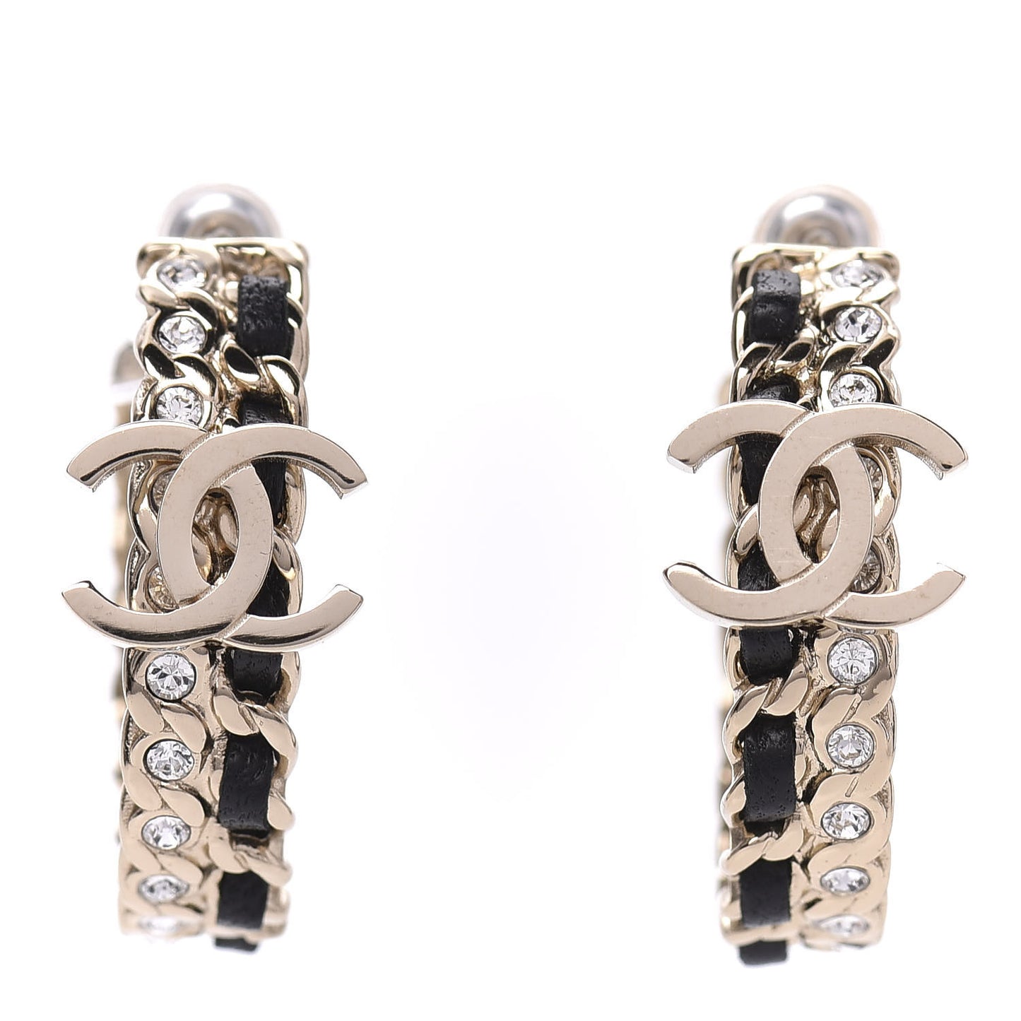 Crystal Lambskin CC Chain Hoop Earrings Gold Black
