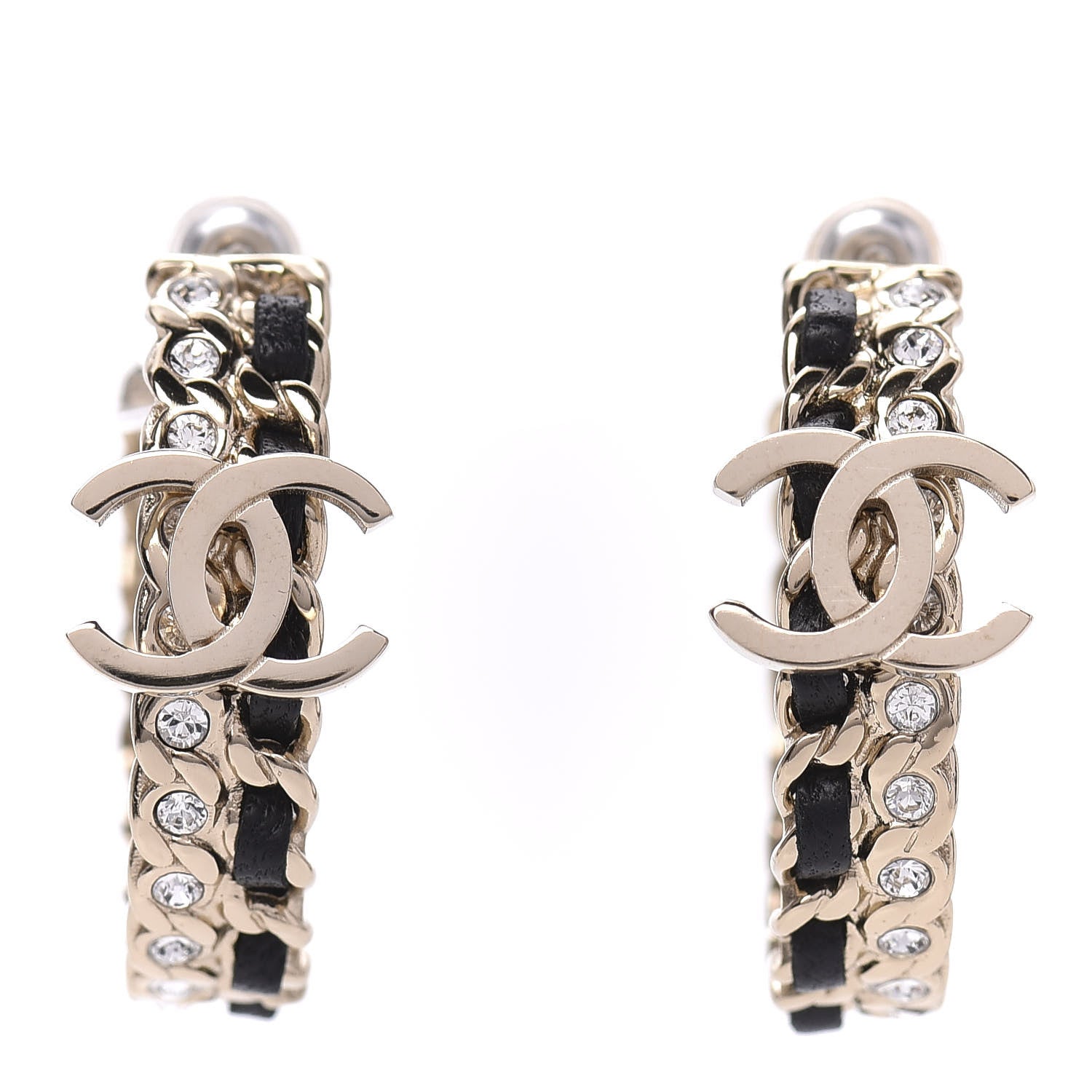 Chanel Crystal Lambskin CC Chain Hoop Earrings Gold Black 1 of 5
