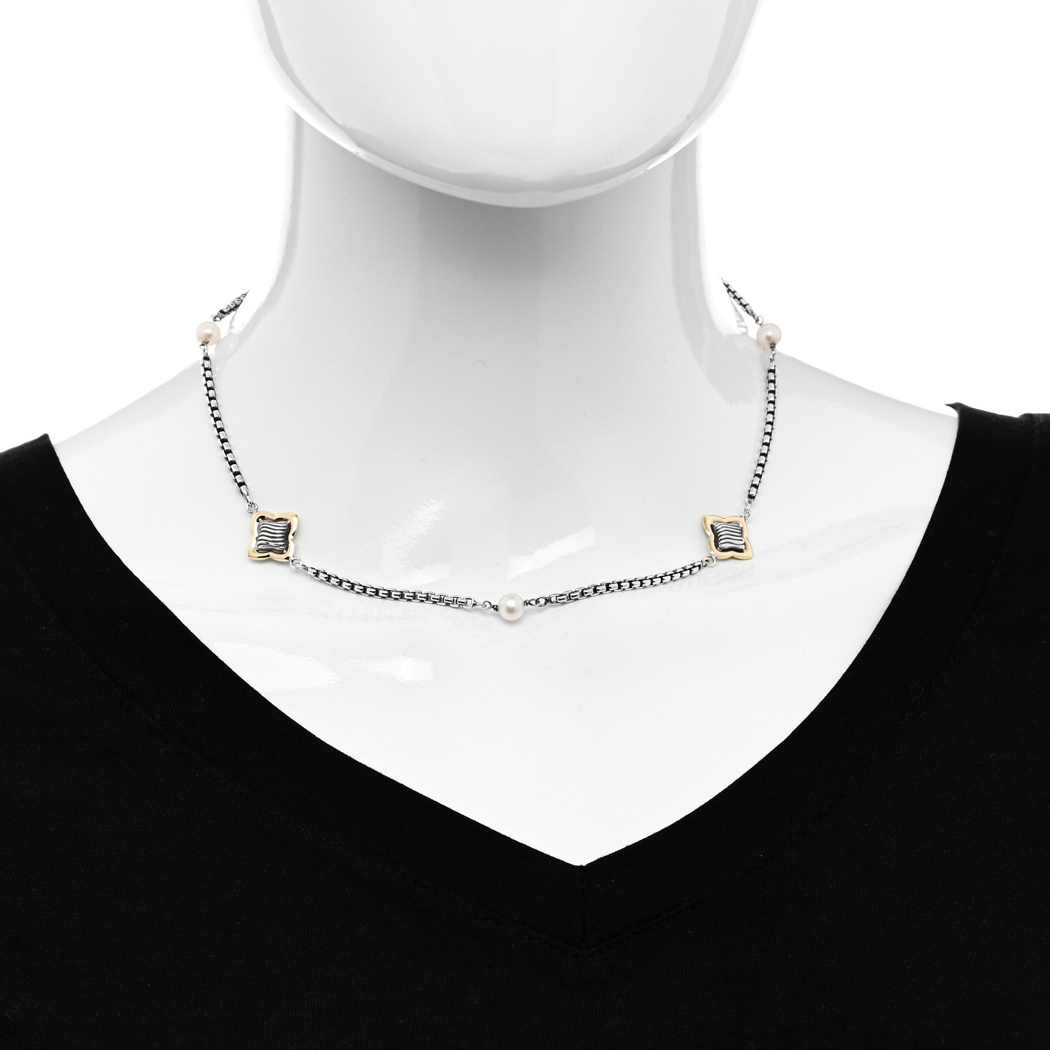 David Yurman Sterling Silver 18K Yellow Gold Pearl 14mm Quatrefoil Station Necklace 2 of 5