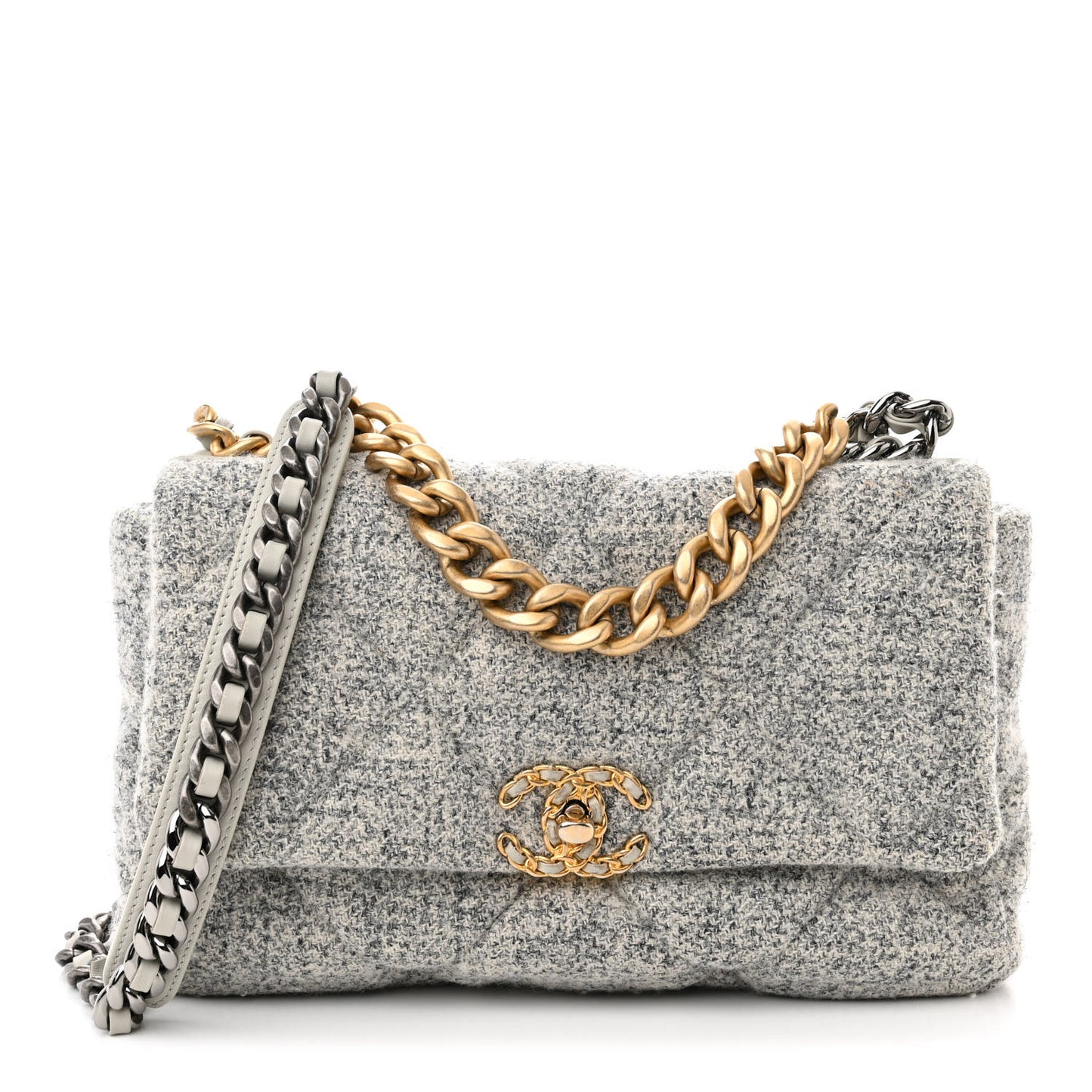 Tweed Quilted Large Chanel 19 Flap Grey Ecru