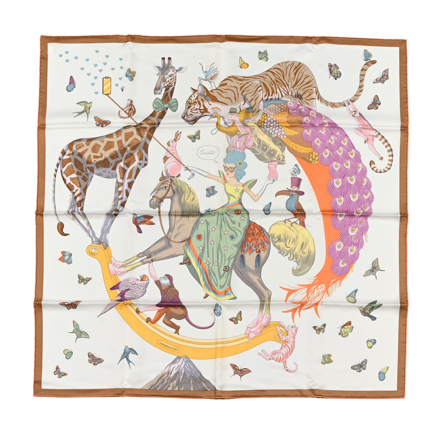 Silk Hermes Story Scarf 90 White Beige Multicolor