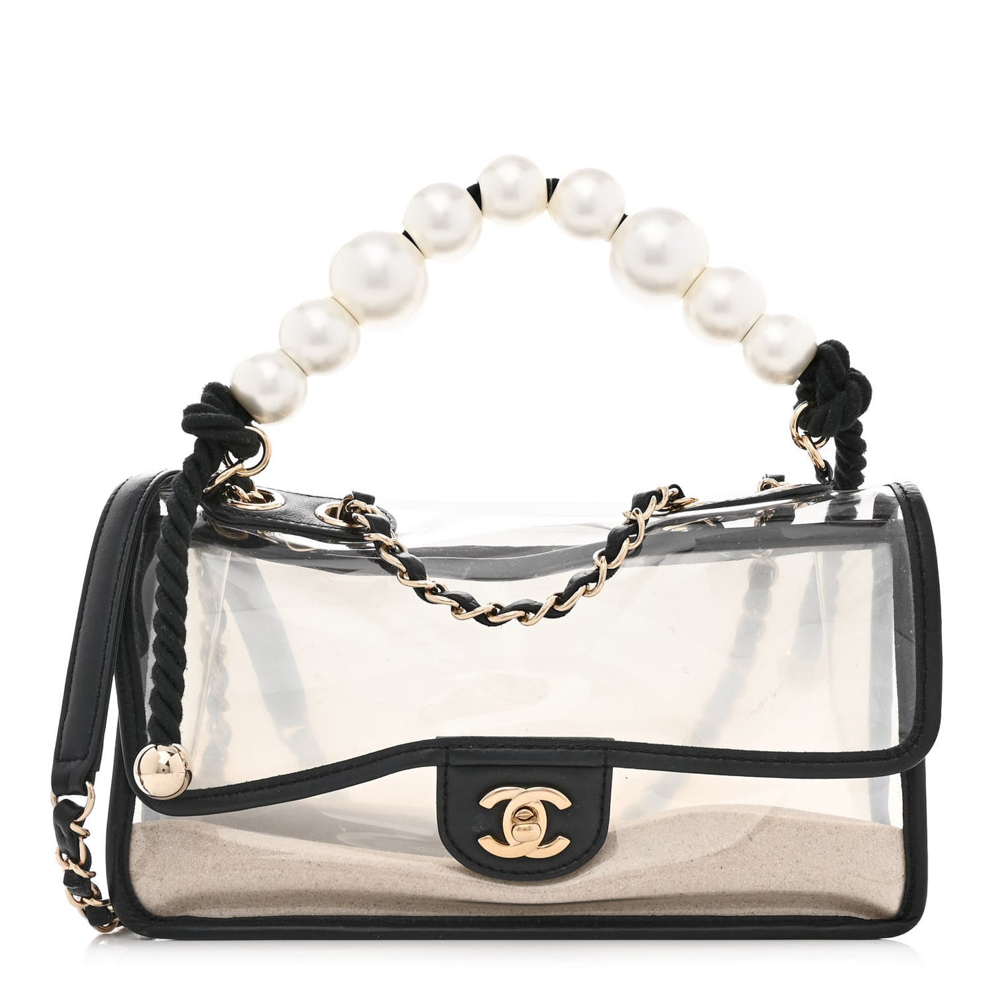 Lambskin PVC Sand By The Sea Flap With Pearl Strap Black