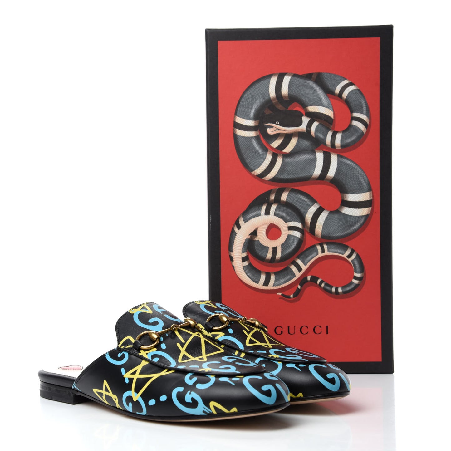 Calfskin GucciGhost Print Womens Princetown Slippers 38.5 Black New Acquamarine