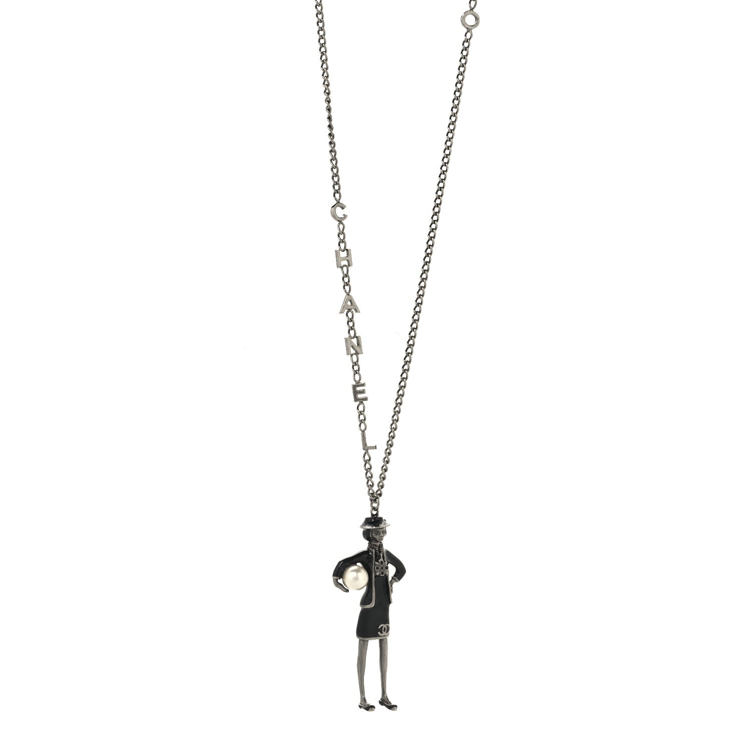 Chanel Black Enamel Pearl Ruthenium Madame Coco CC Pendant Necklace Black 1 of 4