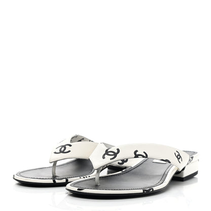 Chanel Lambskin Printed CC Thong Sandals 38 White Black 3 of 9