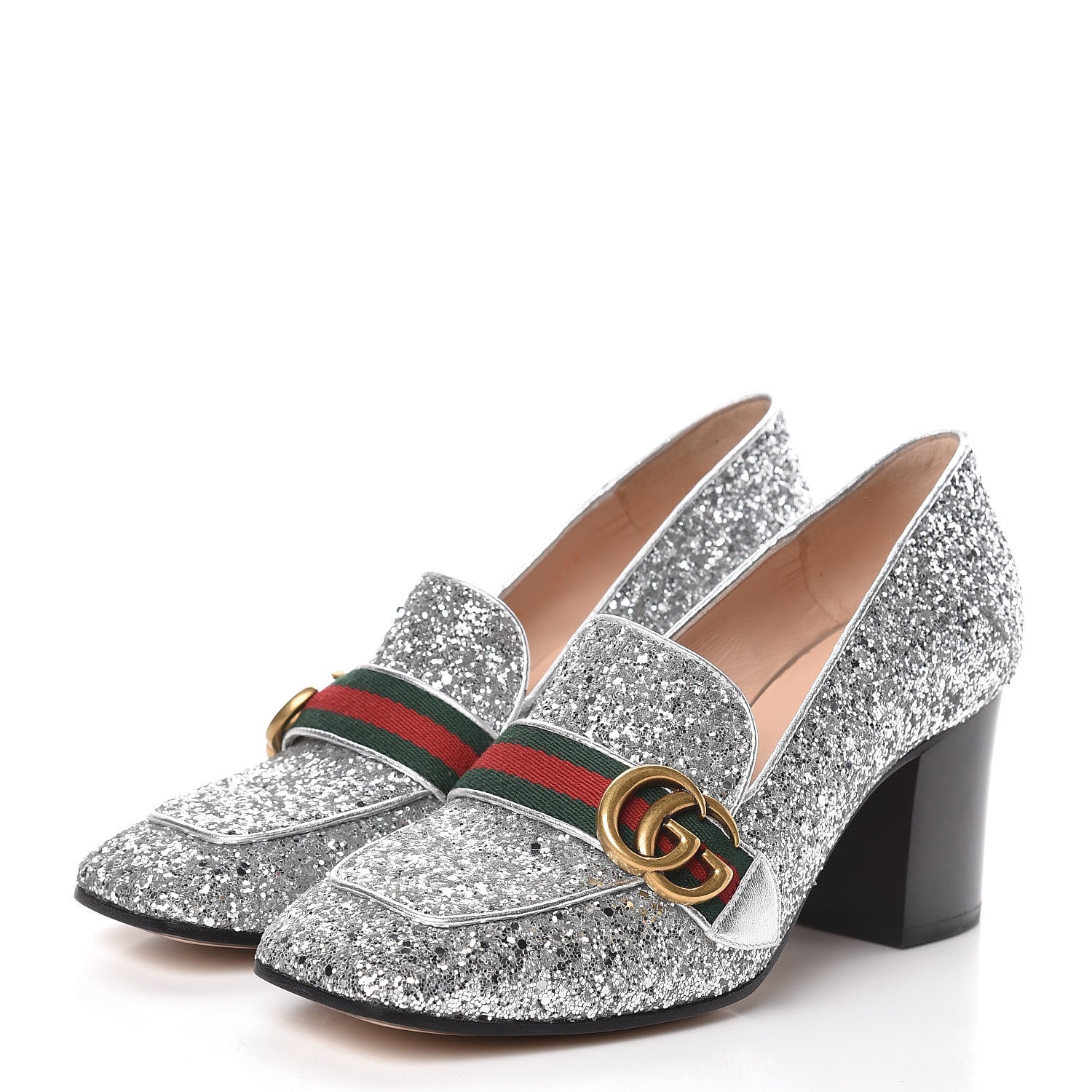 Gucci Glitter Nappa Web Peyton 75mm Loafer Pumps 39 Argento 3 of 10