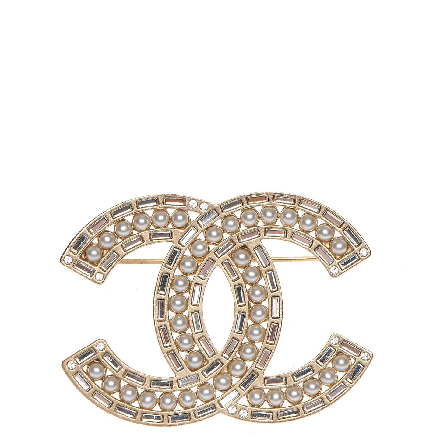 Pearl Crystal Baguette CC Brooch Gold
