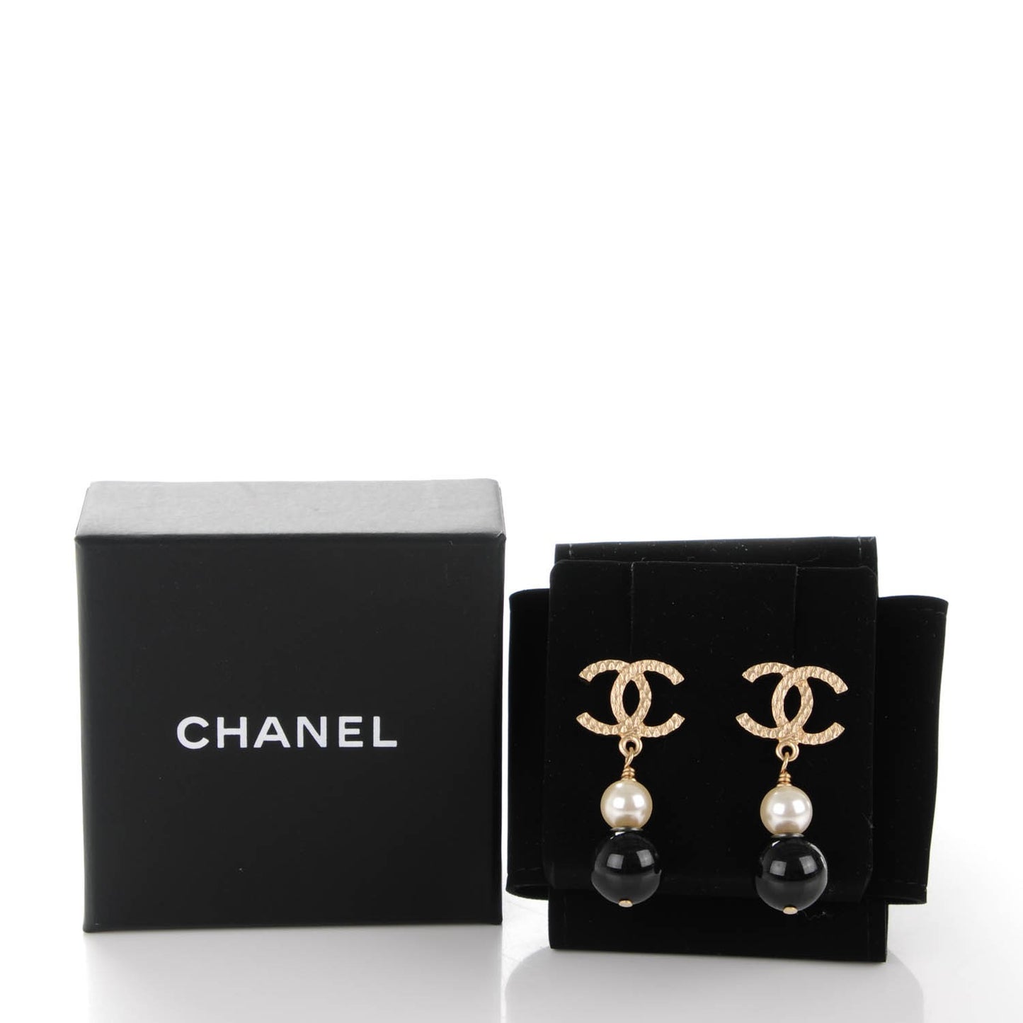 Pearl Bead CC Drop Earrings Black Gold
