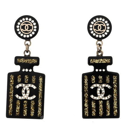 Chanel Resin Strass Perfume Bottle CC Earrings Black Gold 1 of 4